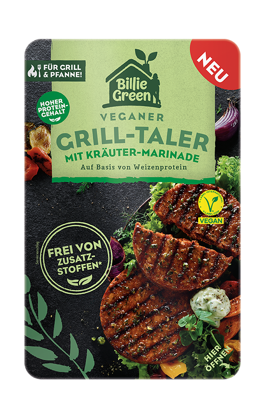 [Translate to English:] Billie Green Vegane Grill-Taler mit Kräuter-Marinade