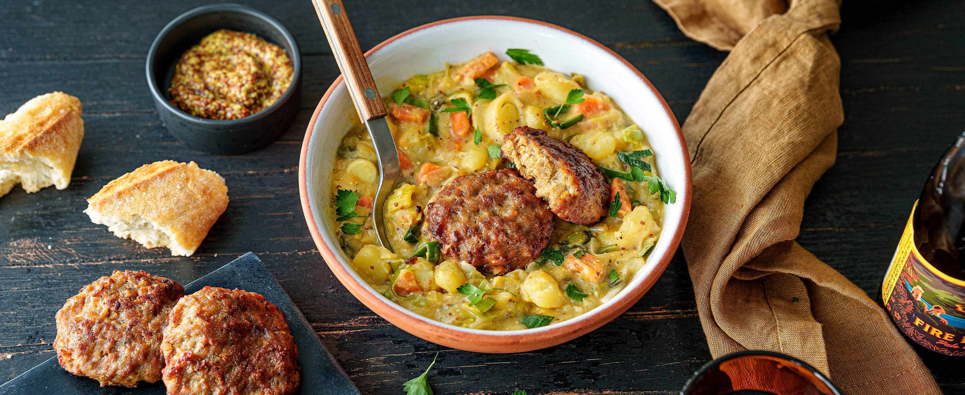 Dicker Kartoffel-Lauch Eintopf mit veganer Frikadelle